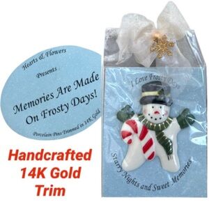 Christmas Pin Brooch 14K Gold Porcelain Snowman Handmade Hand Crafted Jewelry